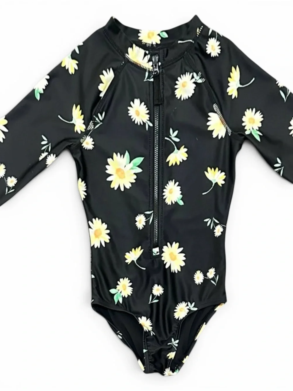 Old Navy Black Daisy Print Long Sleeve Rashguard One-Piece Swimsuit - Size 6-7